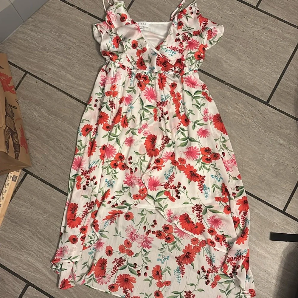 Gilli Spaghetti Strap Midi Dress Ruffle Detail Floral Details‎ Adjustable Large - Picture 2 of 4